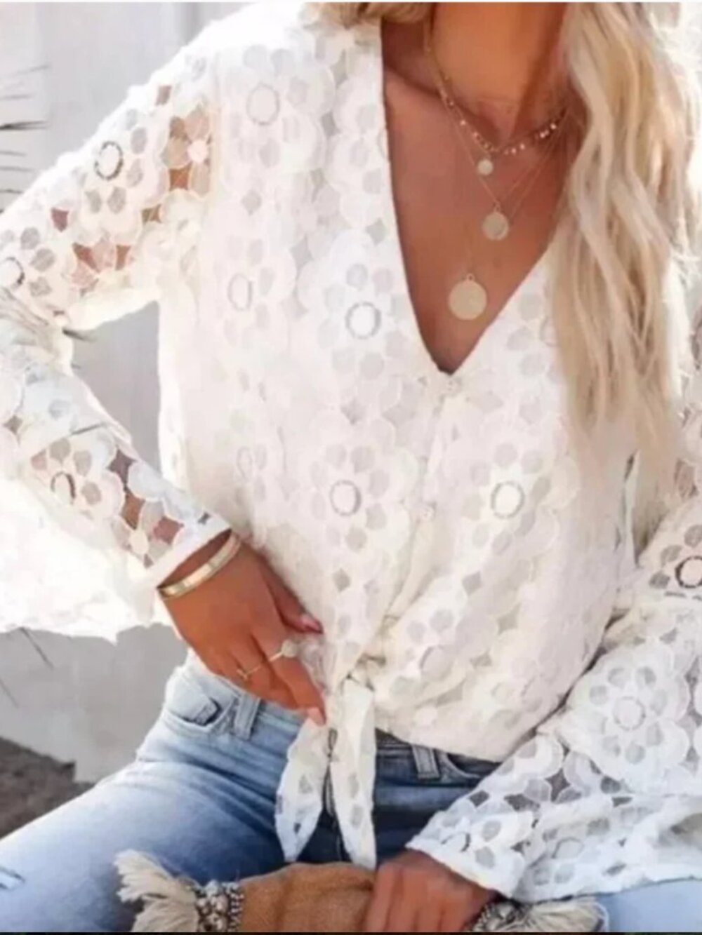 LAST ONE 🔥 Boho Flowered White Lace Blouse